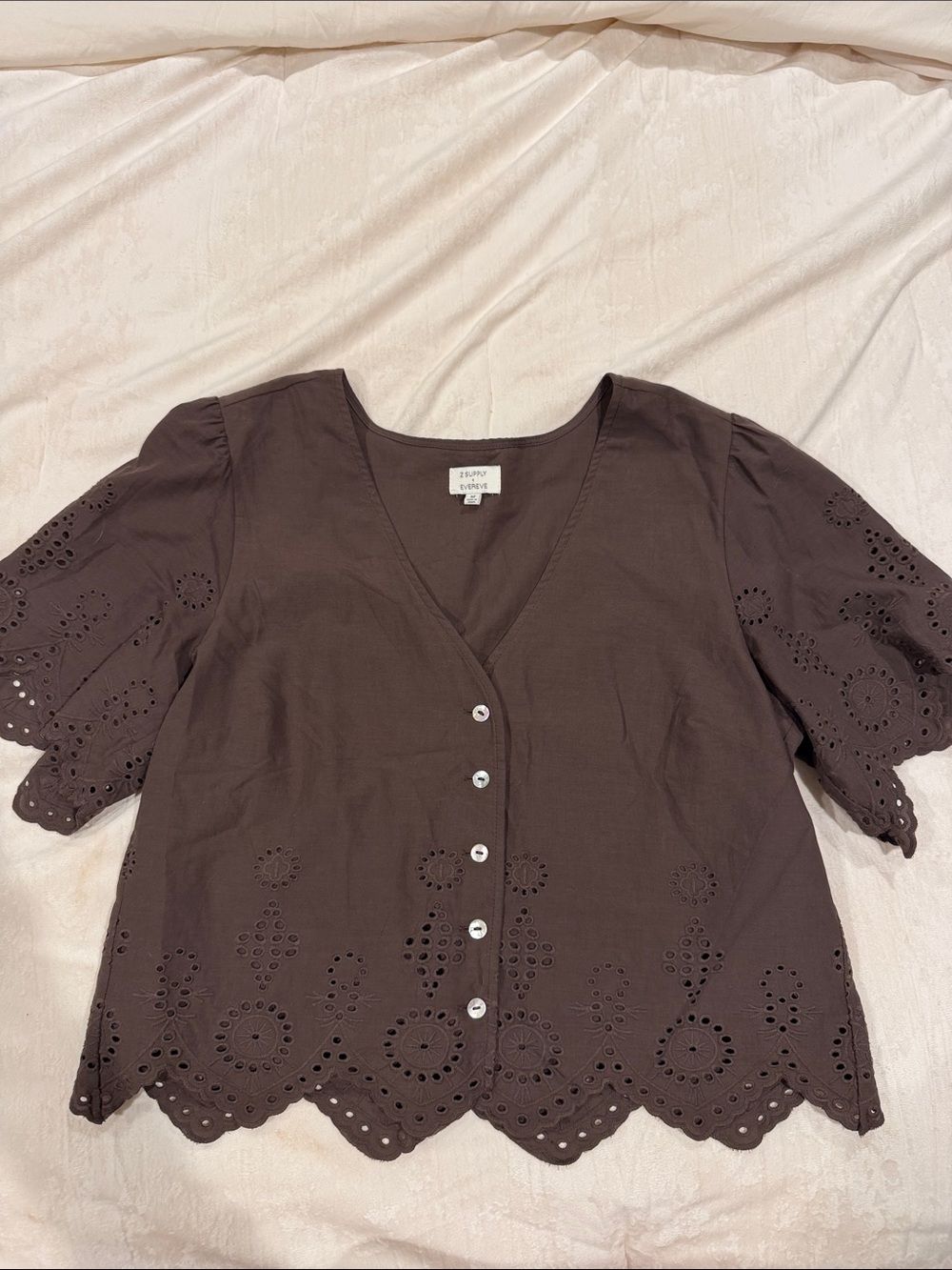 Z Supply Chocolate Brown Eyelet Button-Front V-Neck Blouse